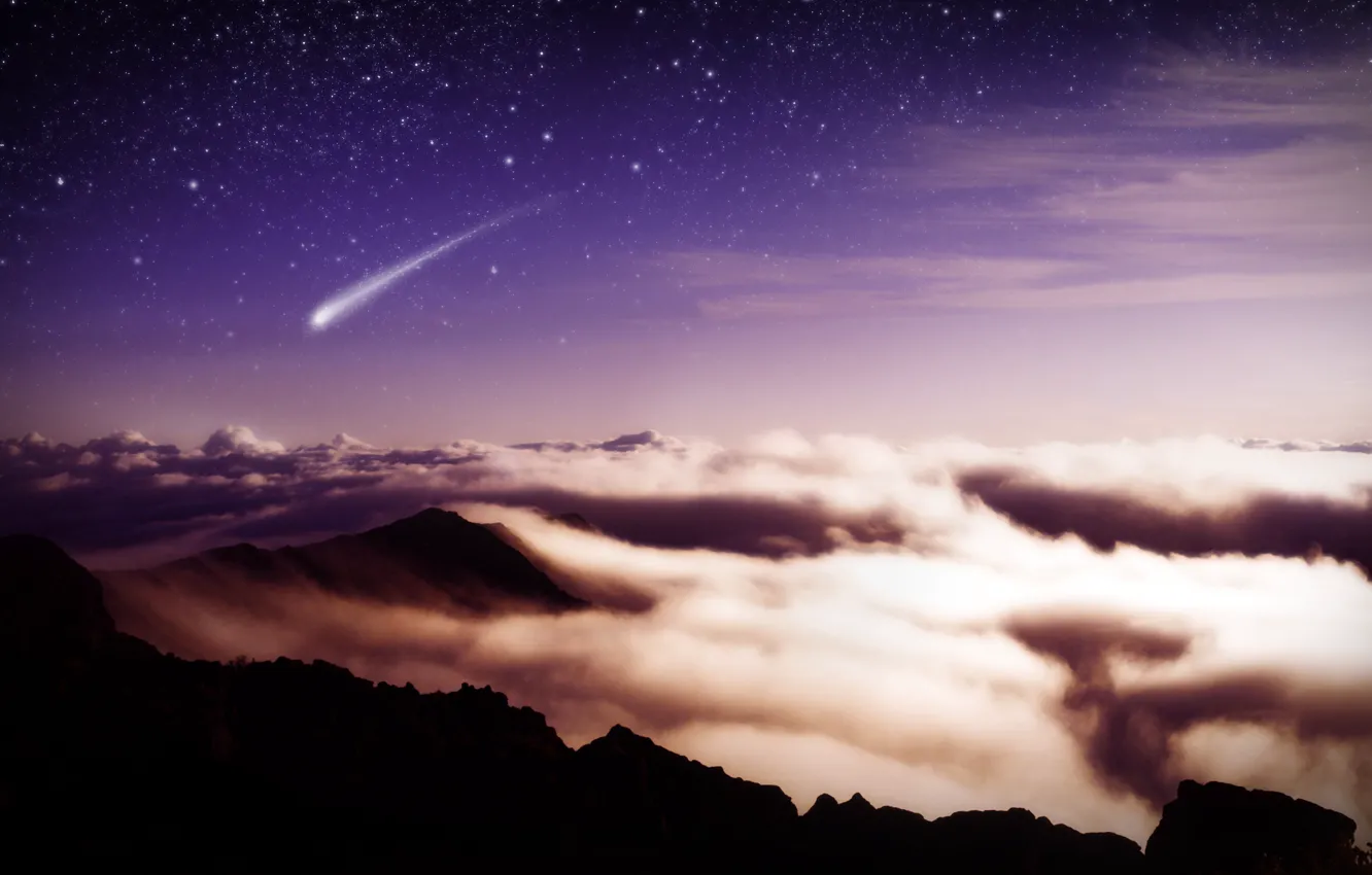 Фото обои звезды, облака, горы, метеор