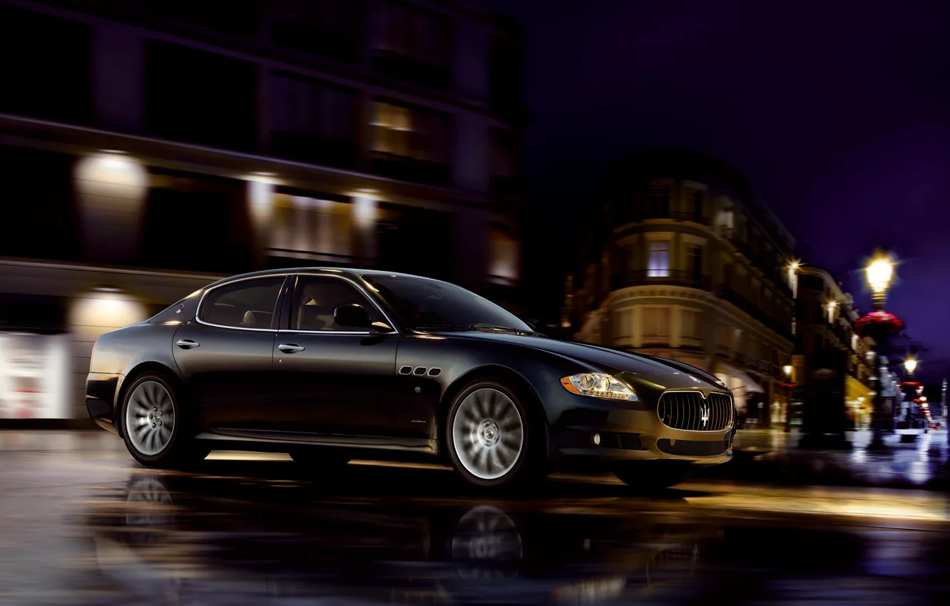 Фото обои Maserati, Quattroporte, Черный, Ночь, Город, Колеса, Езда