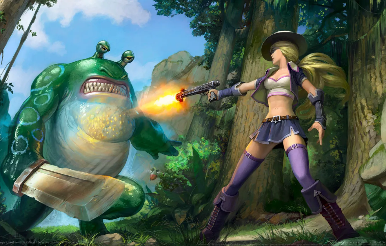 Фото обои девушка, оружие, монстр, girl, monster, game wallpapers, Royal Quest