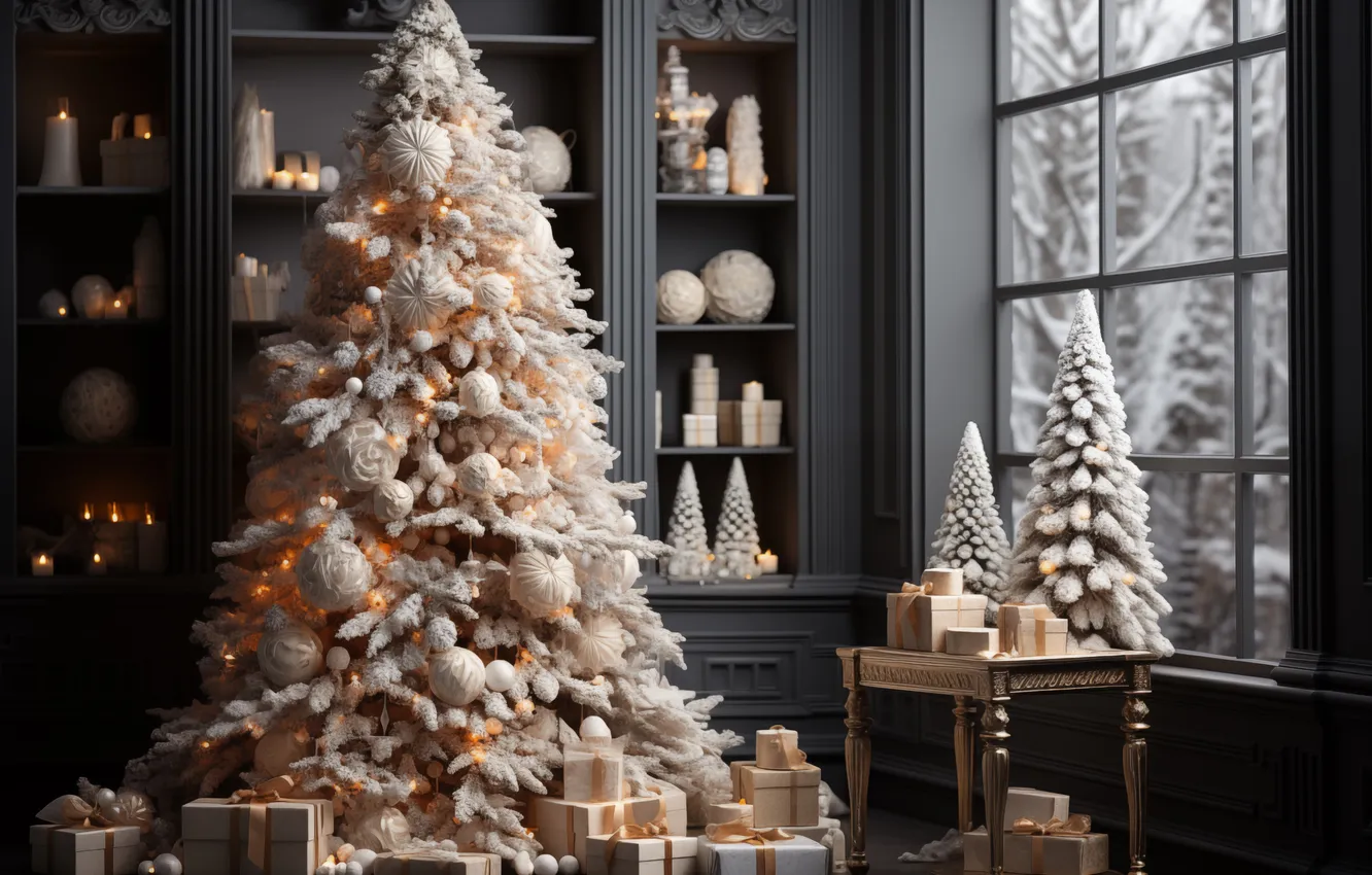 Фото обои украшения, комната, елка, интерьер, Рождество, подарки, Новый год, Christmas