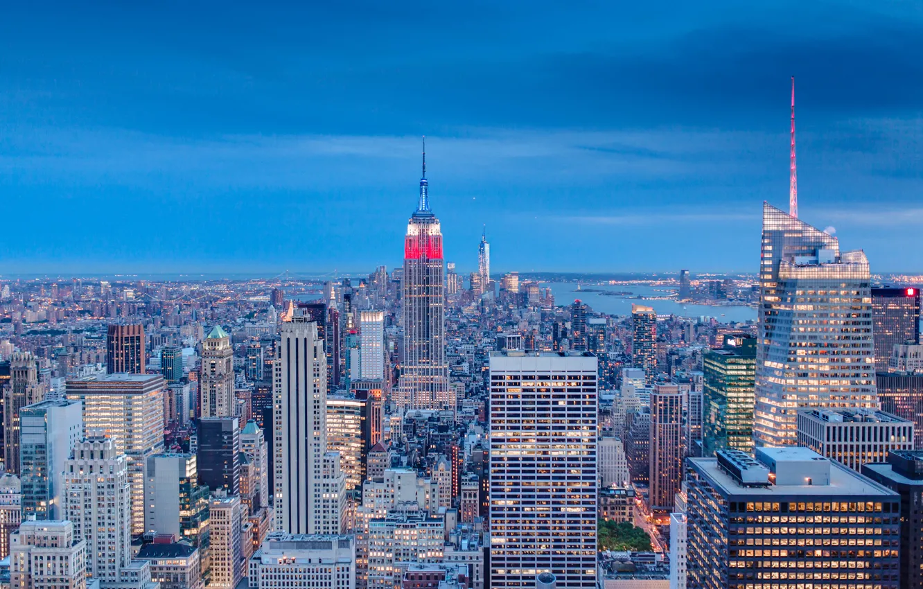 Фото обои USA, skyline, blue, New York, Manhattan, NYC, New York City, evening