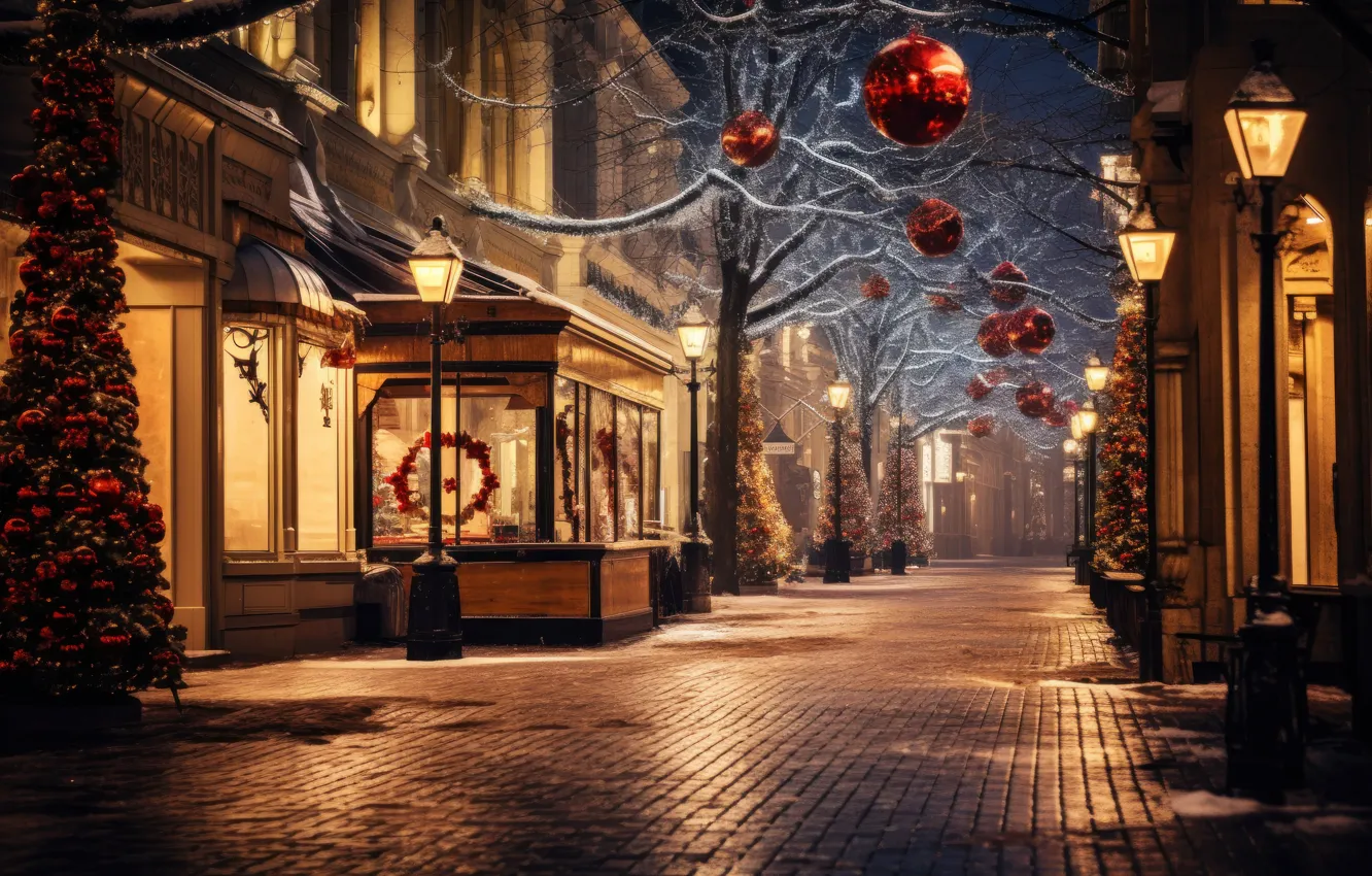 Фото обои зима, снег, украшения, ночь, город, lights, улица, елка
