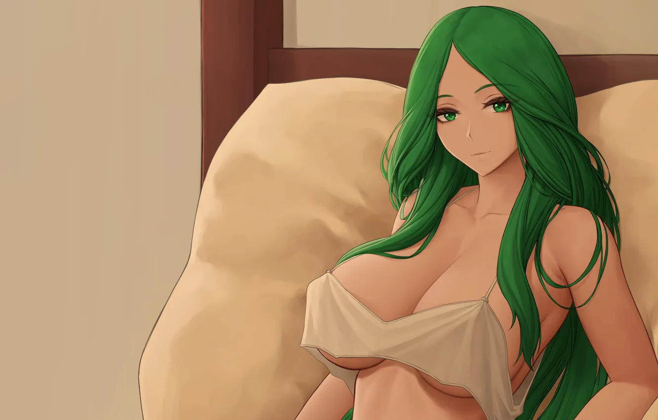 Фото обои girl, sexy, cleavage, blouse, green eyes, long hair, boobs, anime