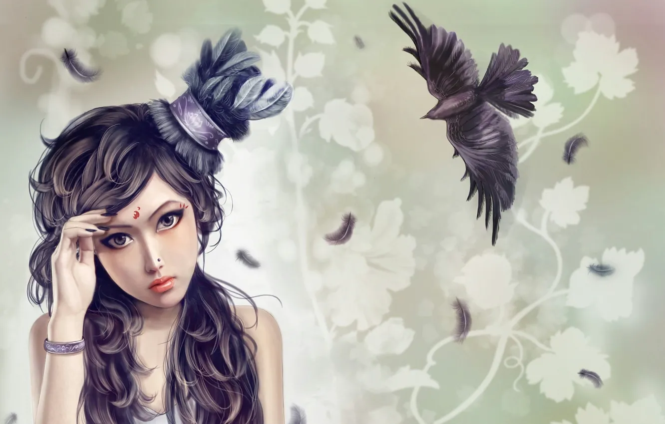 Фото обои девушка, птица, узор, перья, пирсинг, тату, арт, браслет