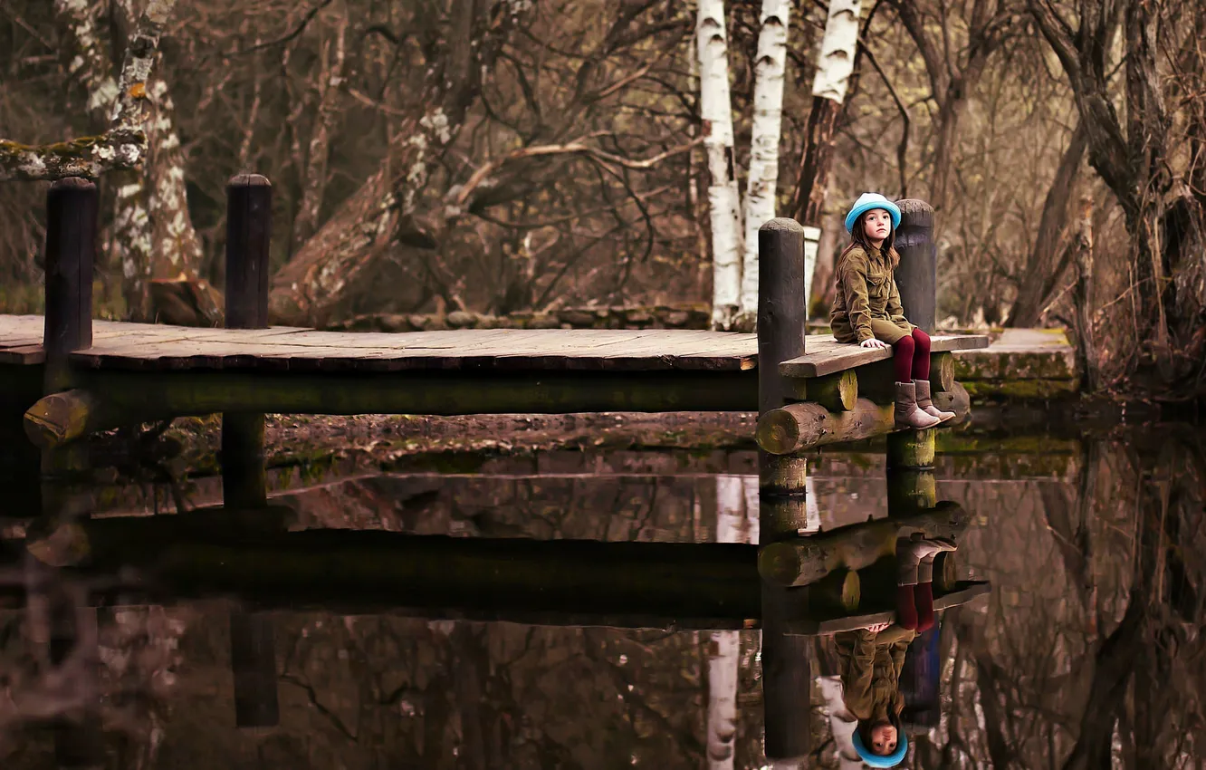 Фото обои мост, озеро, девочка