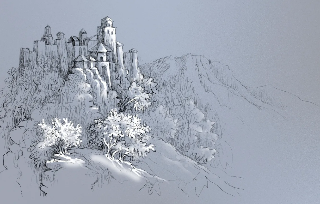 Фото обои graphics, hill, castle, drawing, Fortress