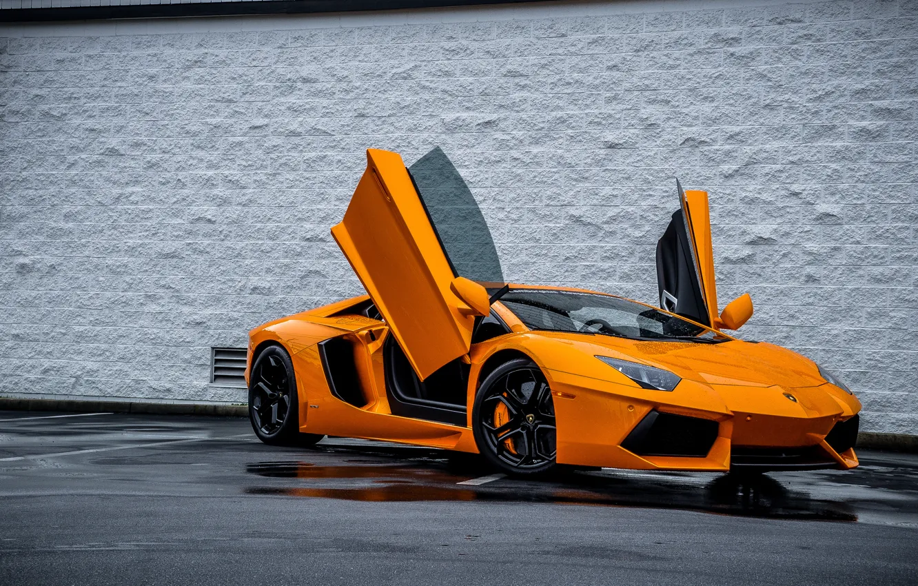 Фото обои Lamborghini, Ламборджини, Оранжевый, Orange, Двери, Суперкар, LP700-4, Aventador