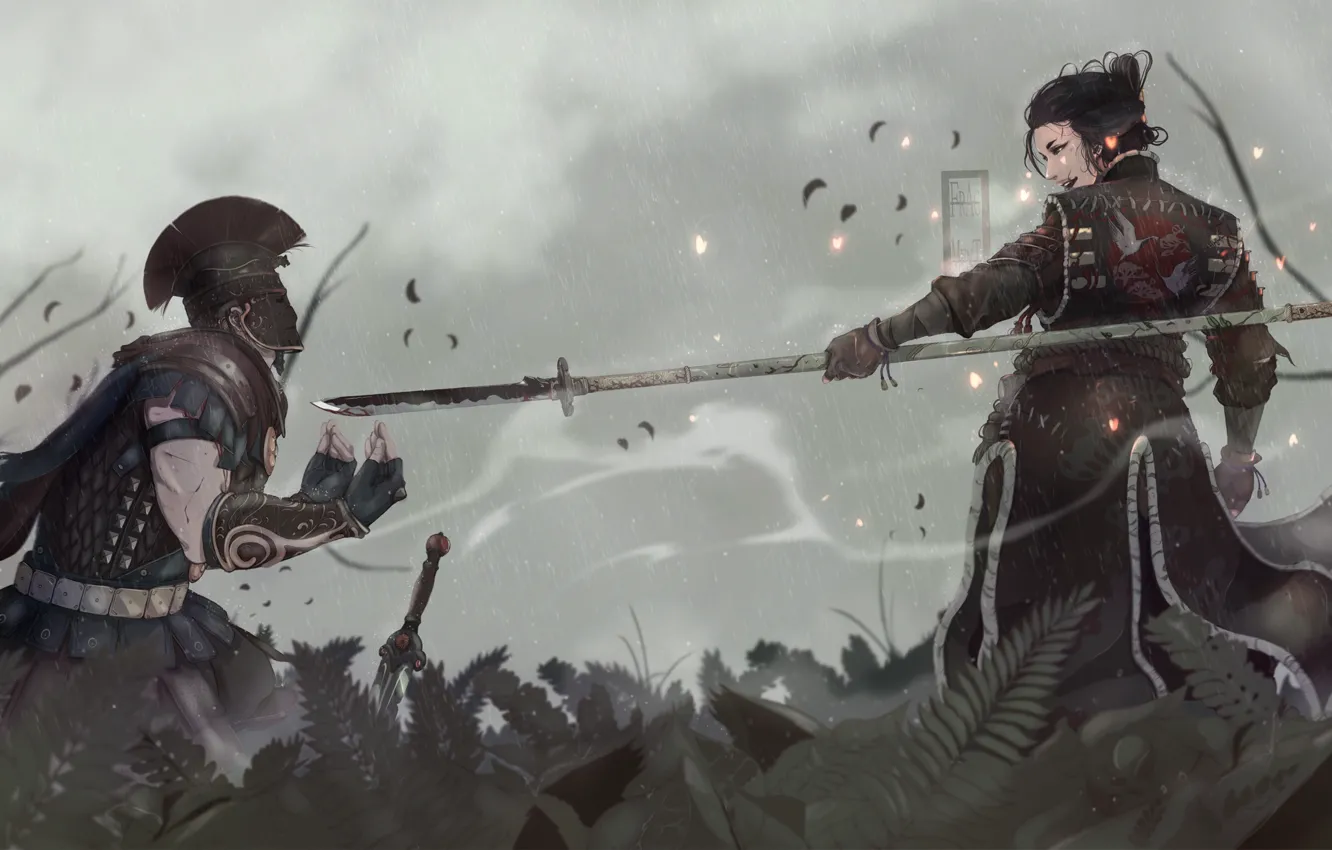 Фото обои sword, fantasy, soldier, rain, armor, samurai, artist, weapons