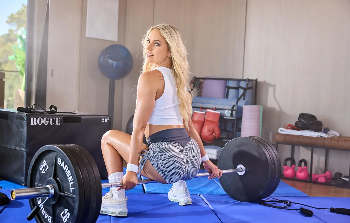 Фото обои girl, shorts, sports, fitness, gym, sneakers, dumbbells, barbell