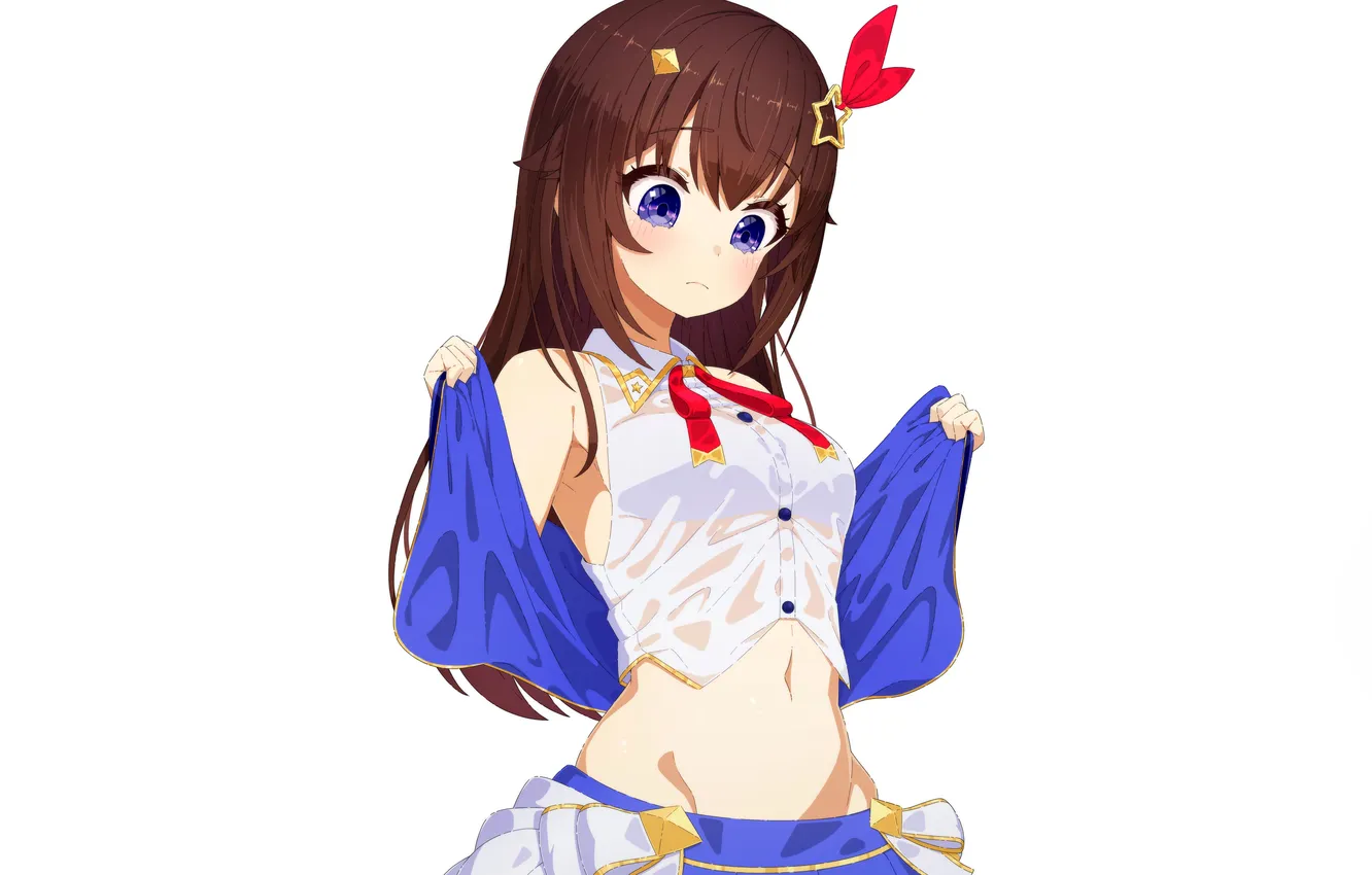 Фото обои girl, blouse, long hair, brown hair, anime, beautiful, purple eyes, pretty