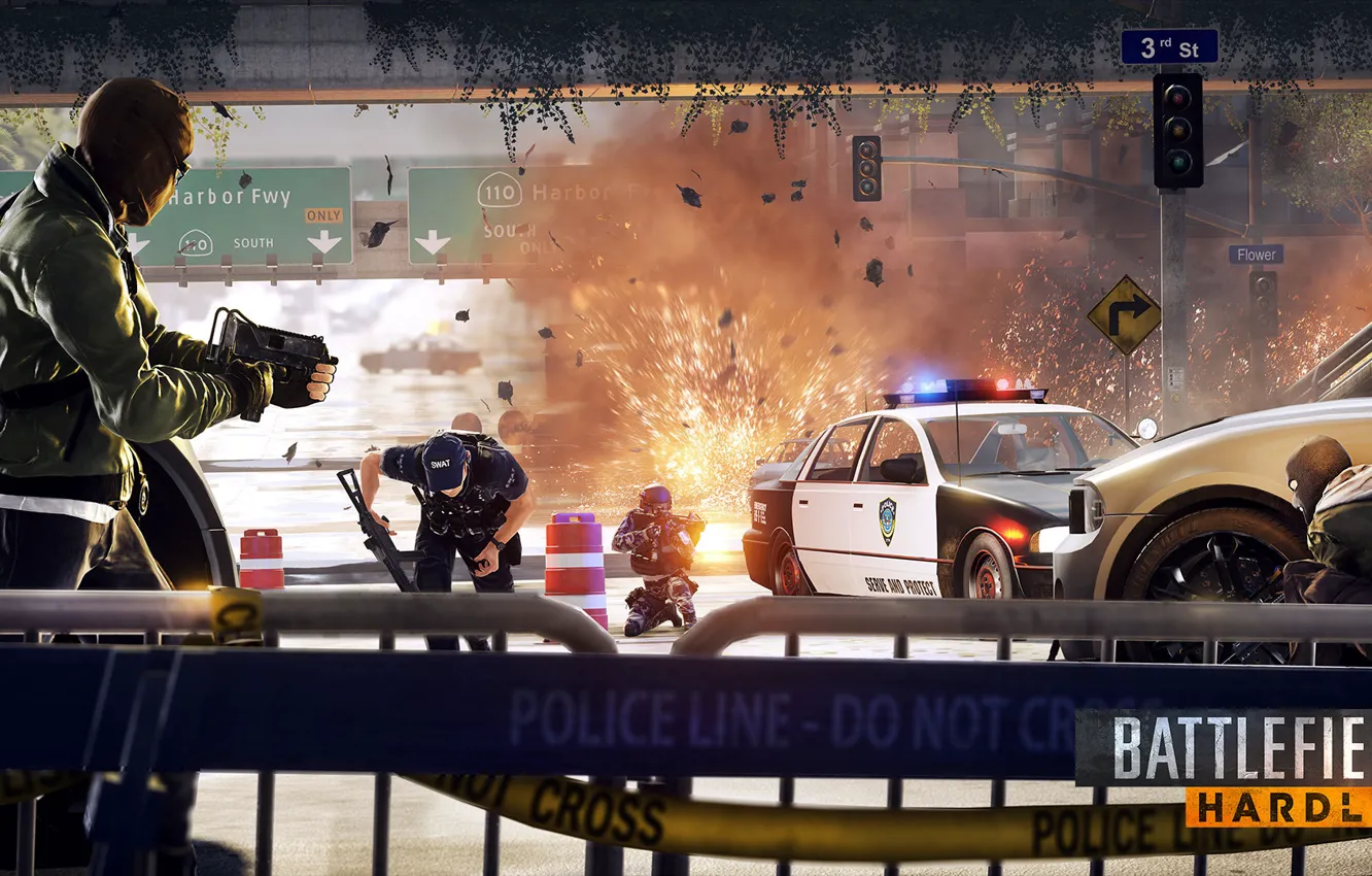 Фото обои машина, взрыв, Electronic Arts, Visceral Games, Dice, Battlefield: Hardline, uzi