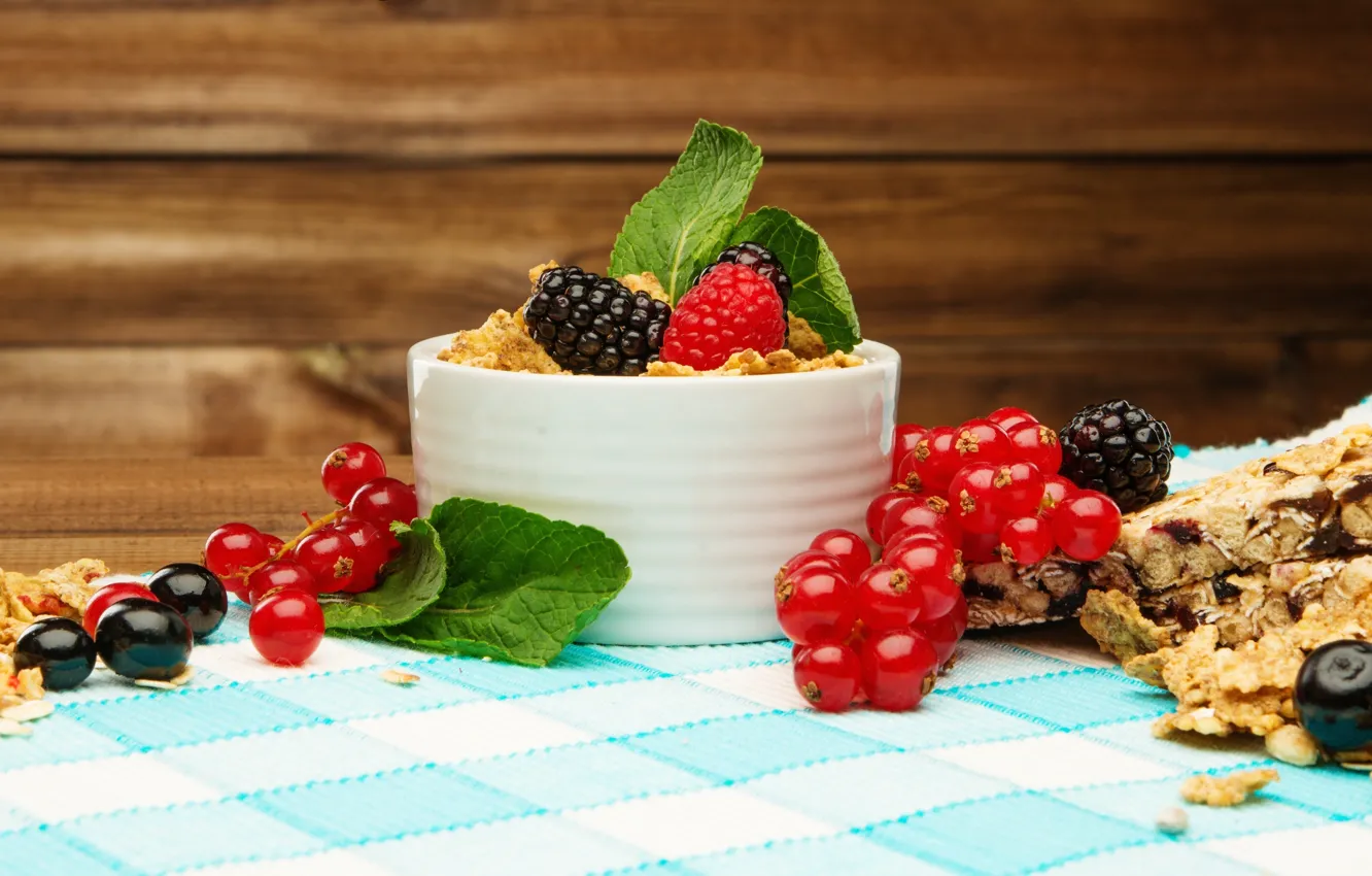 Фото обои ягоды, завтрак, мёд, fresh, смородина, ежевика, berries, breakfast