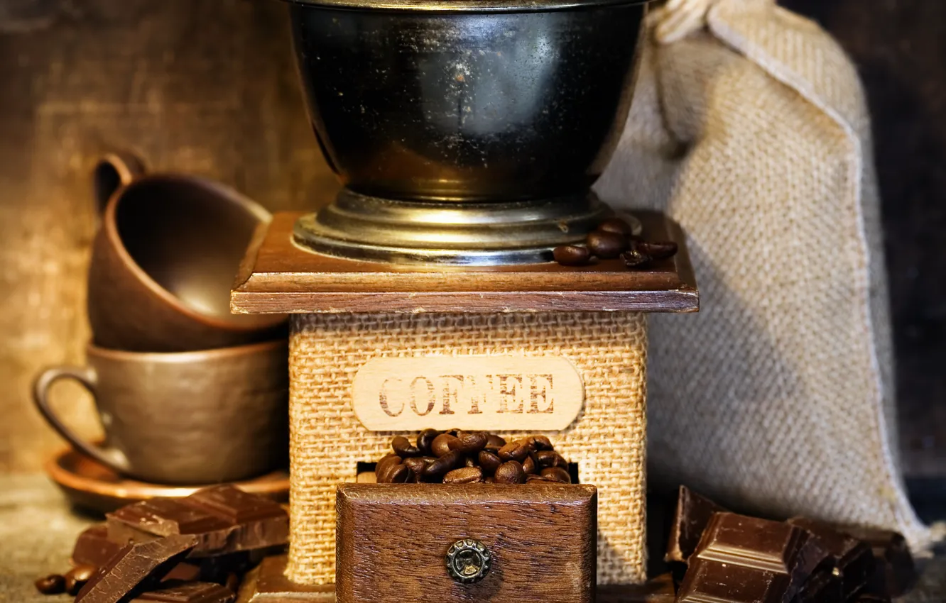 Фото обои кофе, шоколад, чашки, зёрна, Coffee, кофейные, chocolate, мешочек