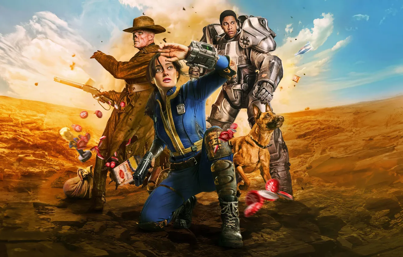 Фото обои фантастика, собака, арт, сериал, ковбой, Fallout, постер, персонажи