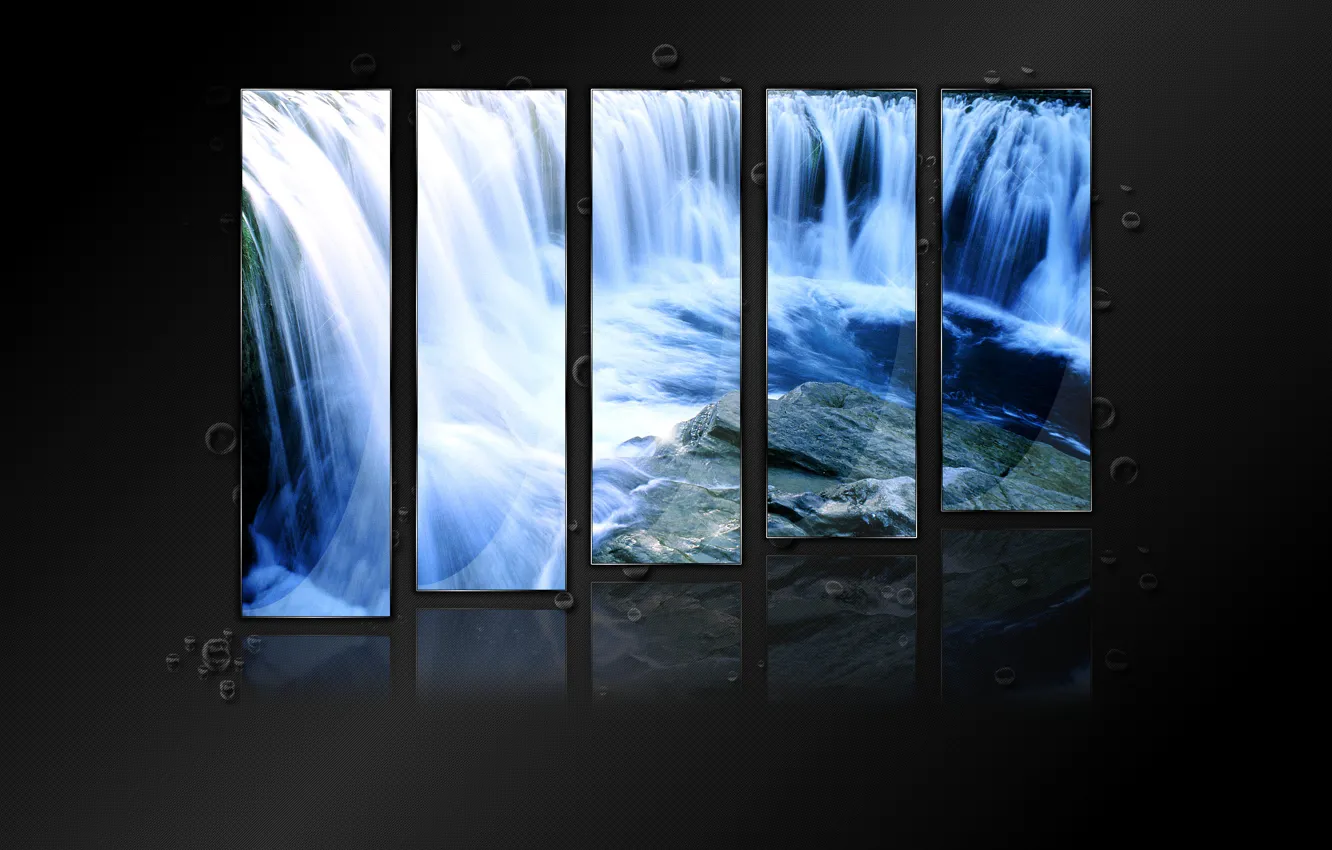 Фото обои вода, отражение, коллаж, блеск, капля, водопад, crystal waterfall