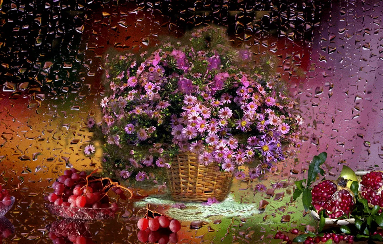Фото обои цветы, дождь, виноград, Корзина, натюрморт, гранат