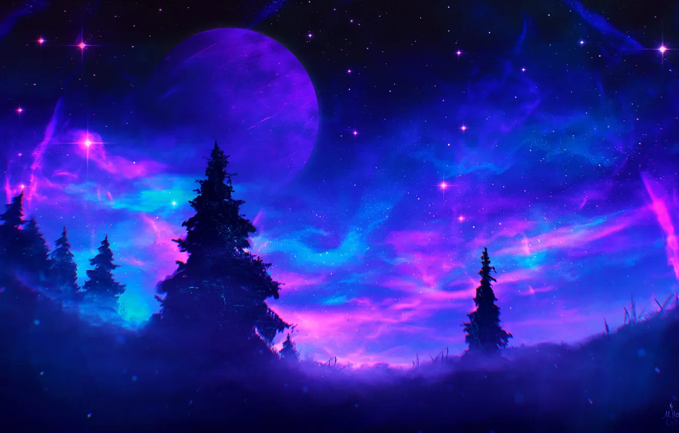 Фото обои лес, космос, ночь, туман, планета, фэнтези