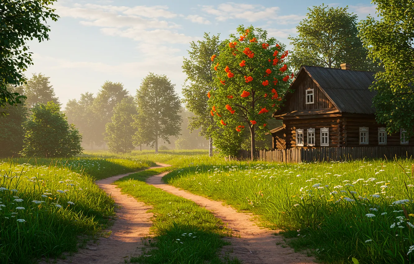 Фото обои дорога, лето, трава, деревья, дом, обои, рисунок, арт