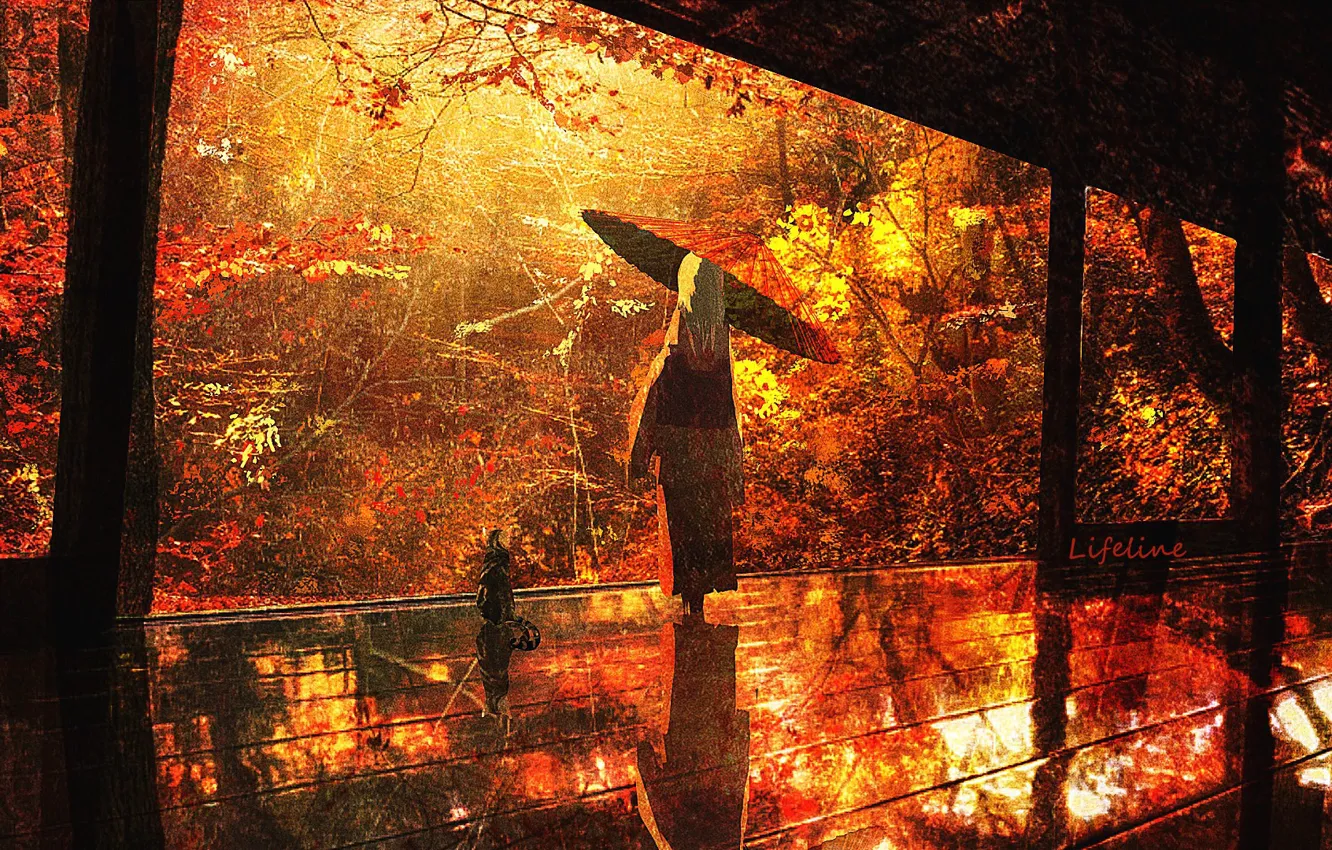 Фото обои осень, девушка, зонт, крыльцо, Lifeline