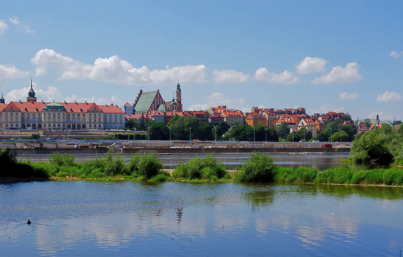Фото обои небо, Польша, Варшава, королевский замок, река Висла