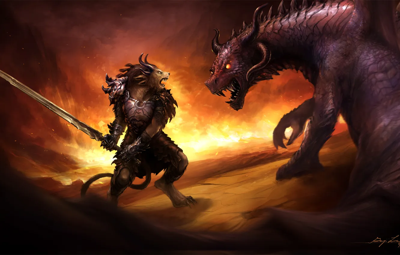 Фото обои пламя, дракон, меч, доспехи, воин, схватка, Guild Wars, Charr