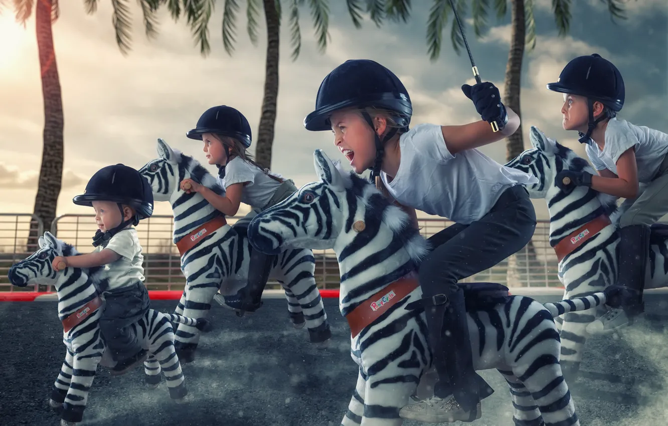 Фото обои дети, гонка, зебры