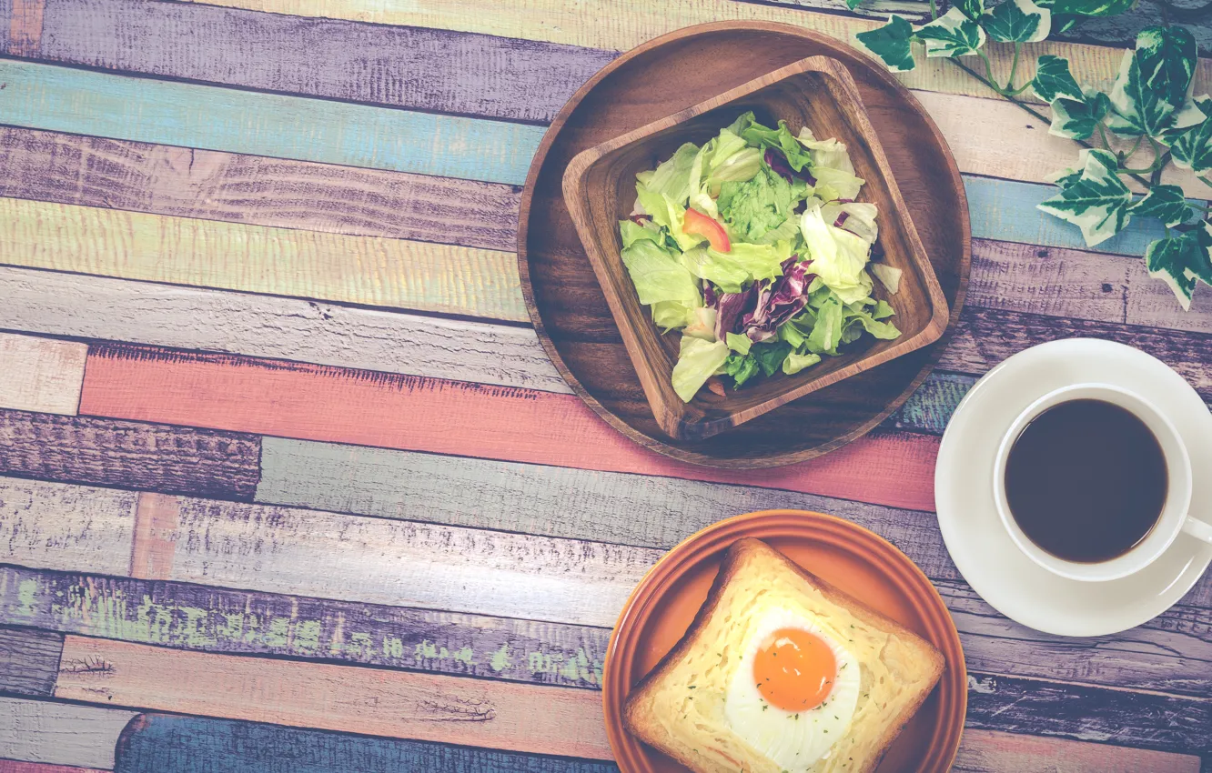 Фото обои кофе, еда, завтрак, яичница, салат, breakfast, тост