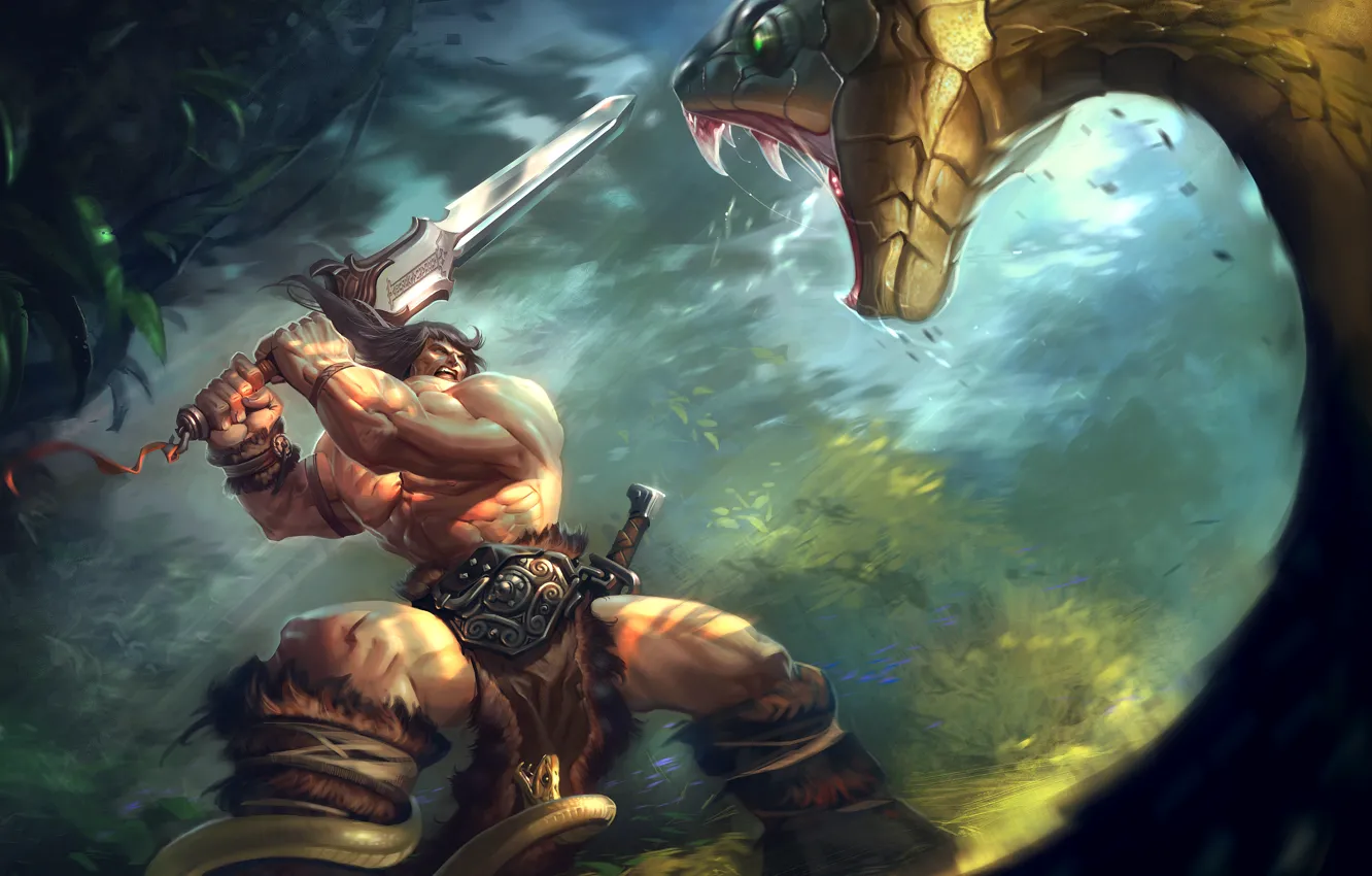 Фото обои змея, меч, джунгли, огромная, схватка, конан варвар, двуручный