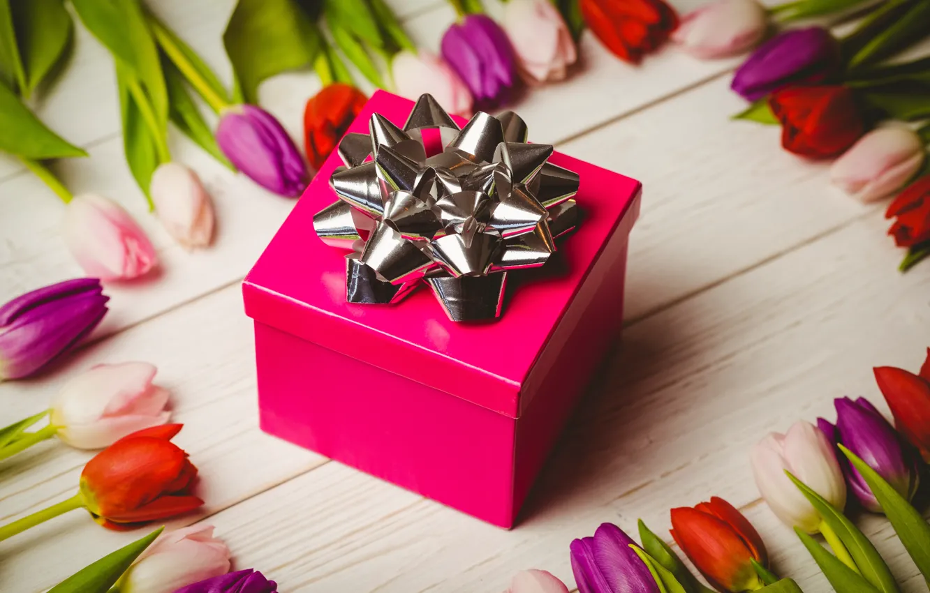 Фото обои цветы, праздник, подарок, тюльпаны, flowers, tulips, gift, holiday