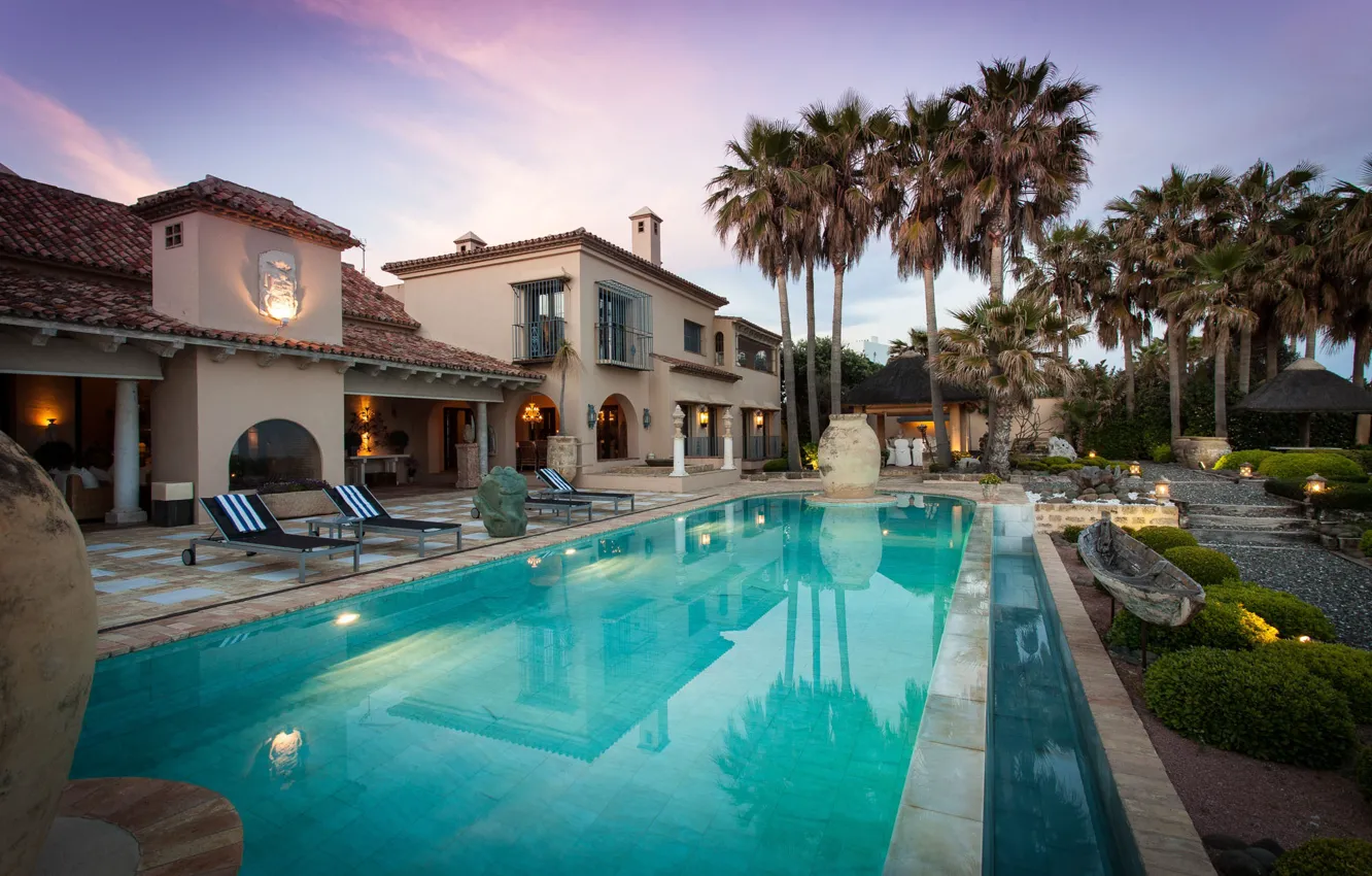Фото обои пальмы, вилла, вечер, бассейн, Spain, Marbella, Luxury Villa, Villa Las-Artes