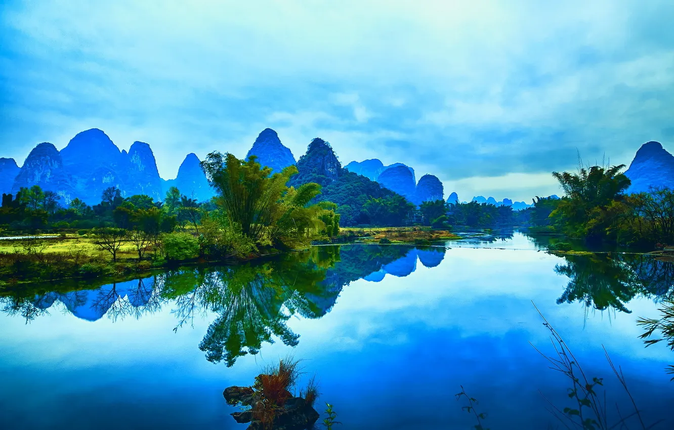 Фото обои горы, отражение, река, Китай, Гуанси, Яншо