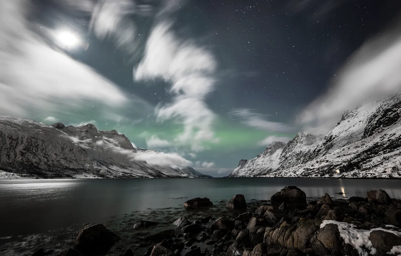 Фото обои горы, северное сияние, Норвегия, Norway, фьорд, Эрсфьордботн, Ersfjorden