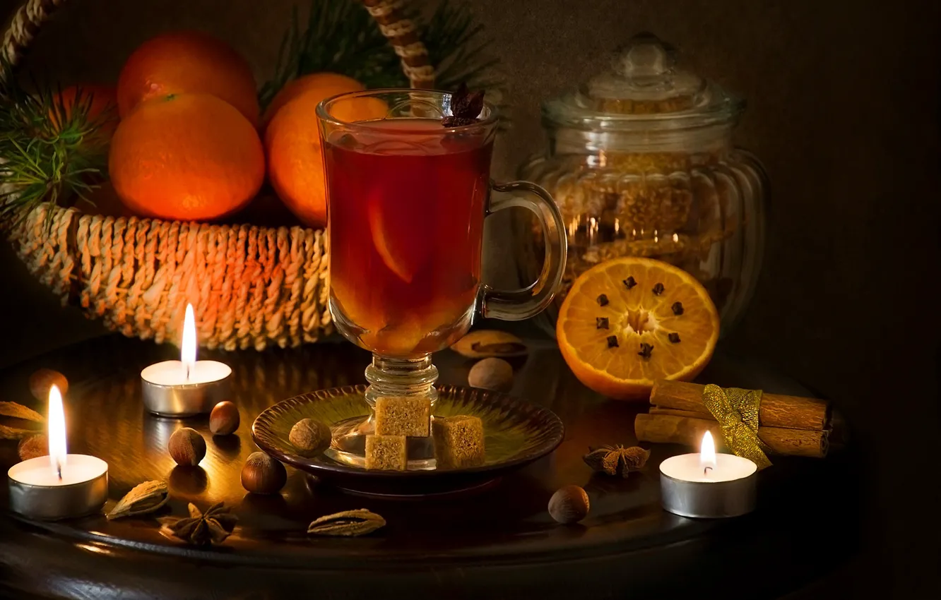 Фото обои свеча, апельсины, специи, глинтвейн