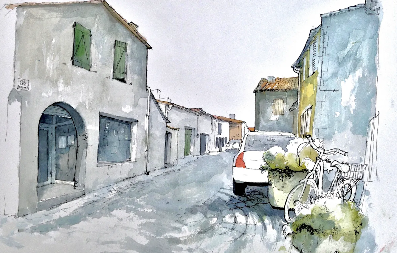 Фото обои велосипед, город, улица, рисунок, дома, акварель, автомобиль