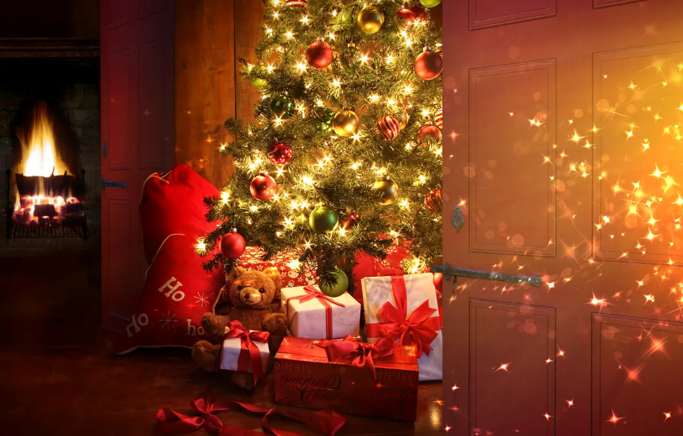 Фото обои шарики, украшения, огни, стиль, комната, праздник, игрушки, рождество