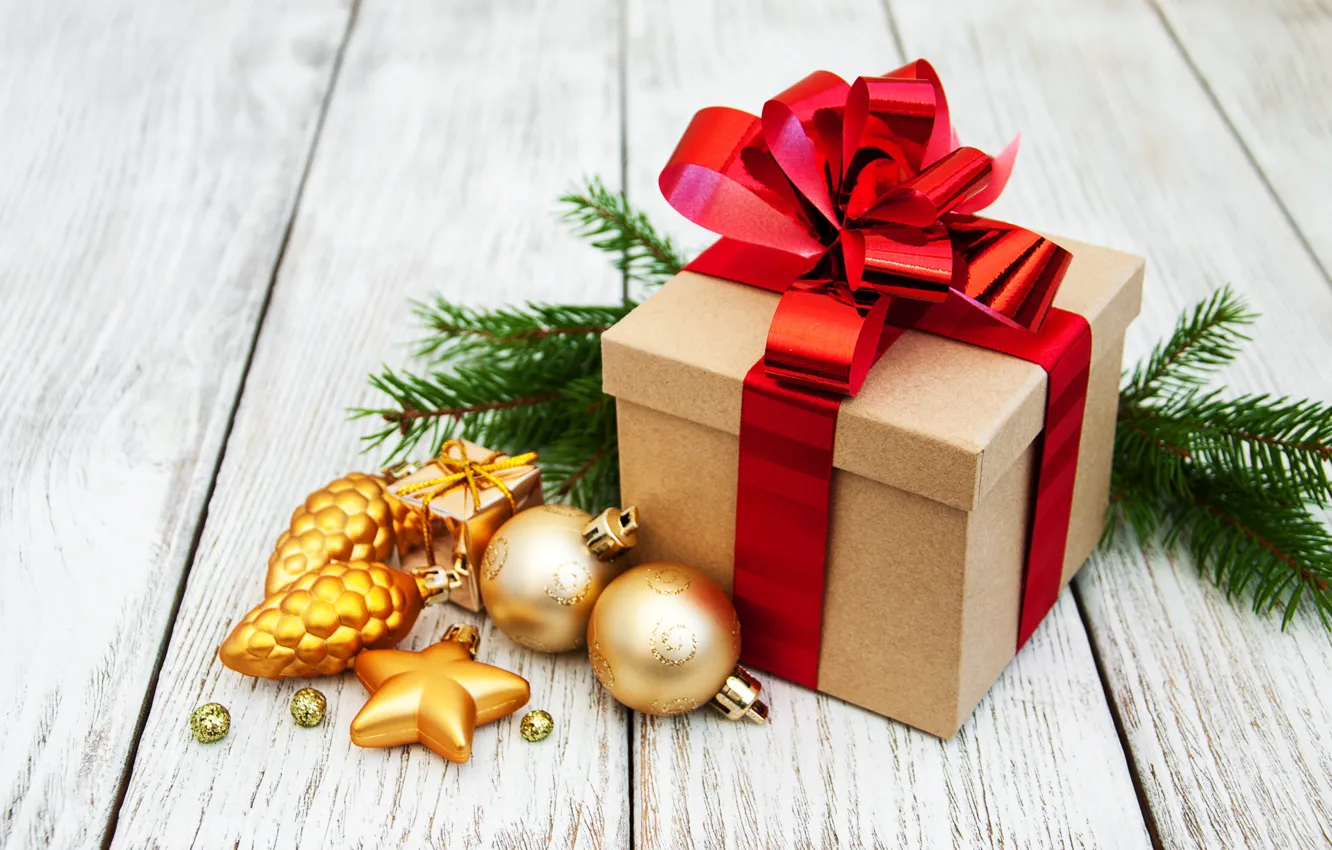 Фото обои украшения, подарок, шары, Новый Год, Рождество, christmas, balls, wood