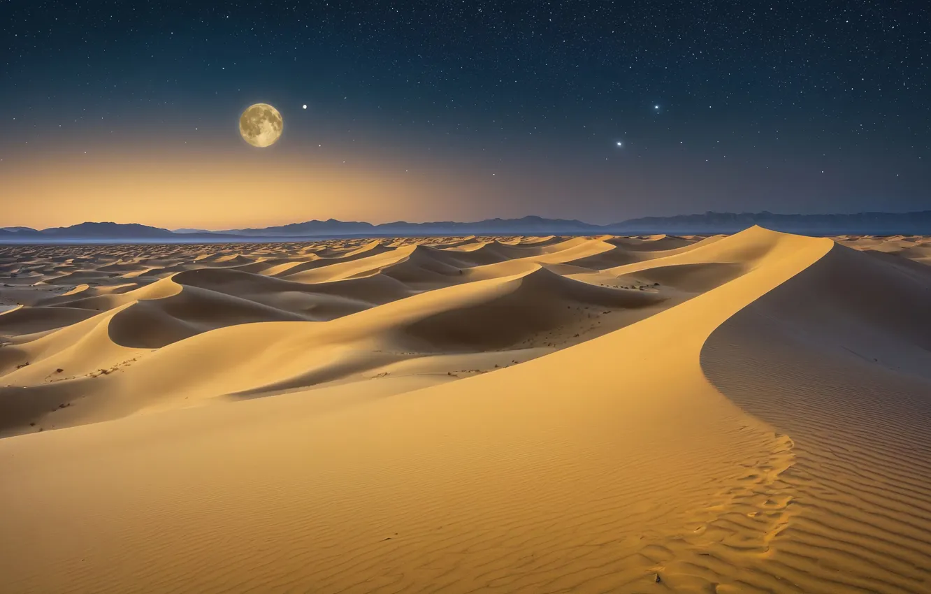 Фото обои Moon, desert, landscape, nature, night, stars, night sky, dunes