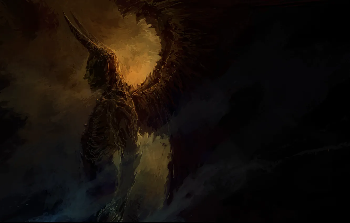 Фото обои тьма, крылья, демон, арт, рога