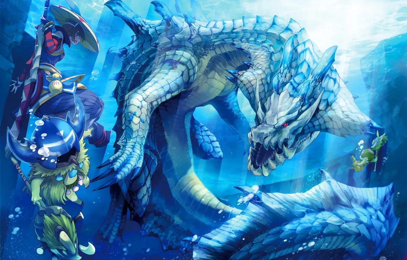 Фото обои девушка, дракон, монстр, арт, под водой, monster hunter, ryuuta