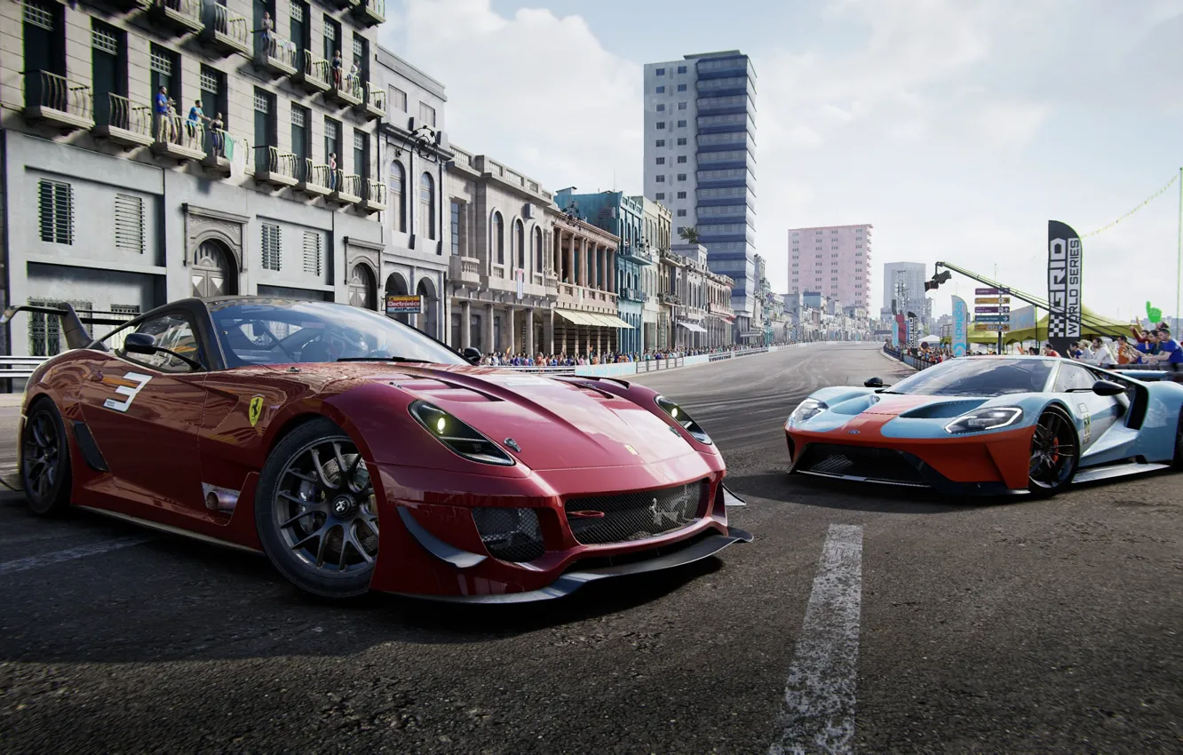 Фото обои дорога, машины, город, люди, гонка, игра, Ferrari, Ford GT