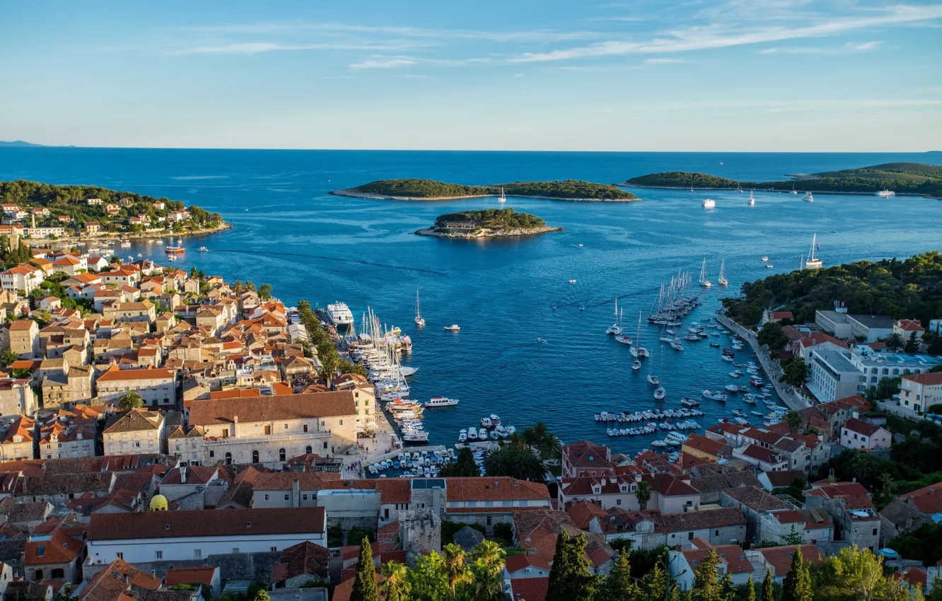 Фото обои море, дома, крыши, панорама, Хорватия, Хвар