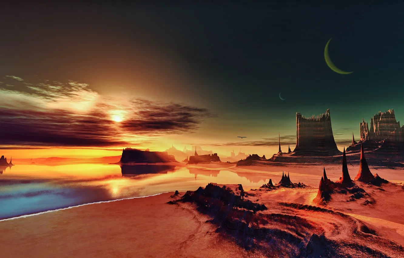 Фото обои песок, море, небо, космос, пейзаж, рендеринг, скалы, берег