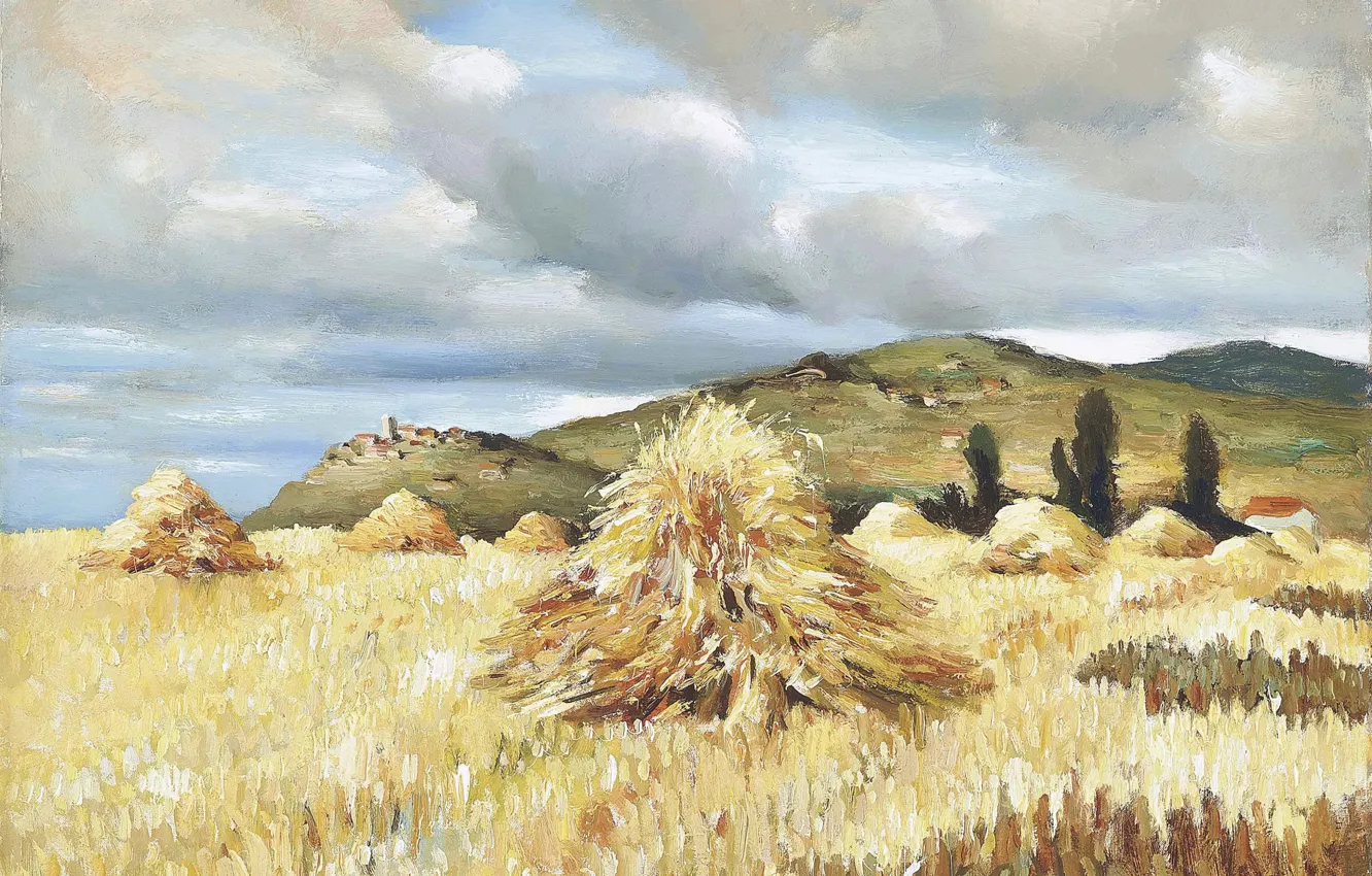 Фото обои поле, пейзаж, горы, картина, Марсель Диф, Стога