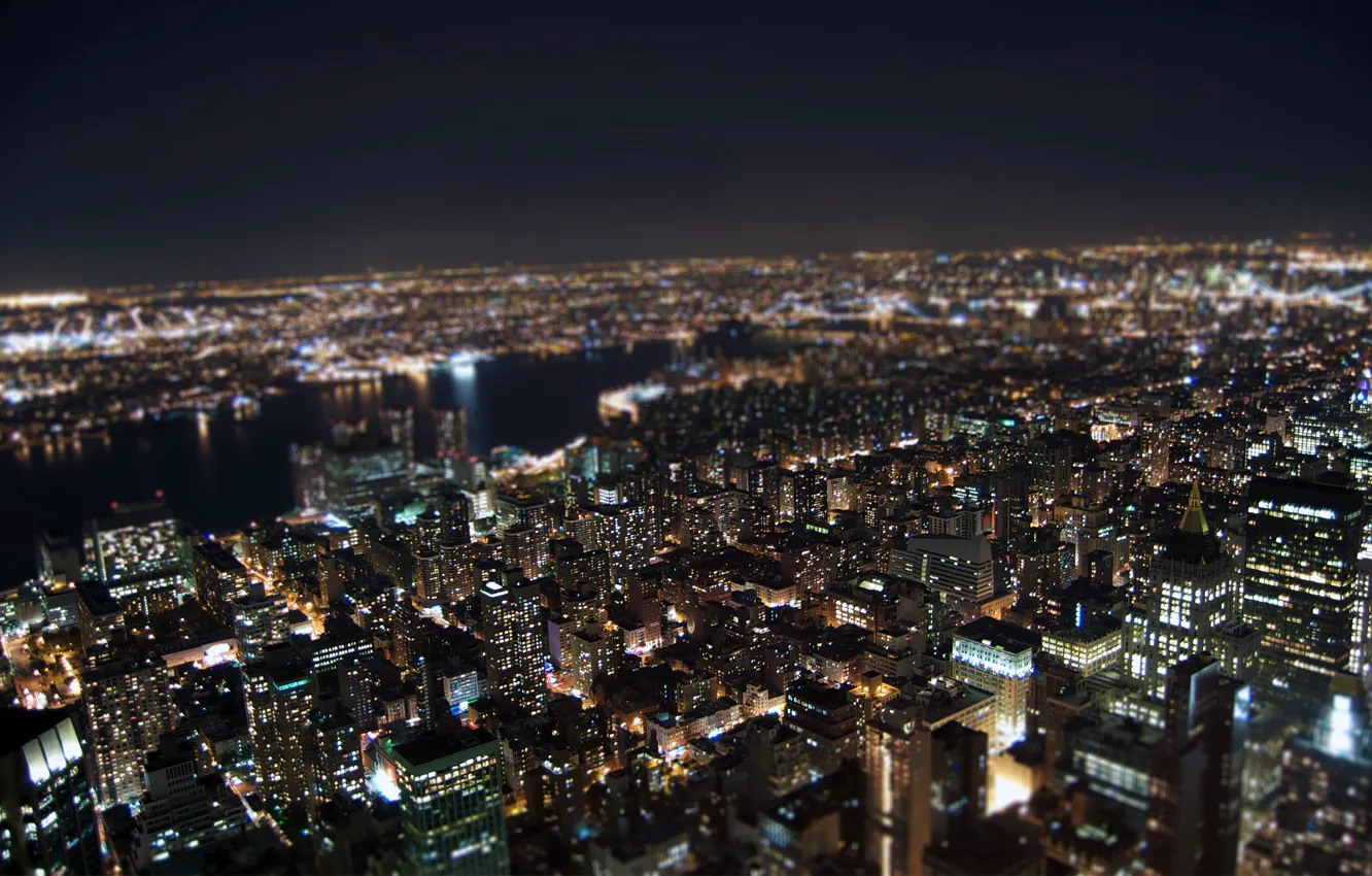 Фото обои ночь, огни, Нью-Йорк, Tilt-Shift эффект