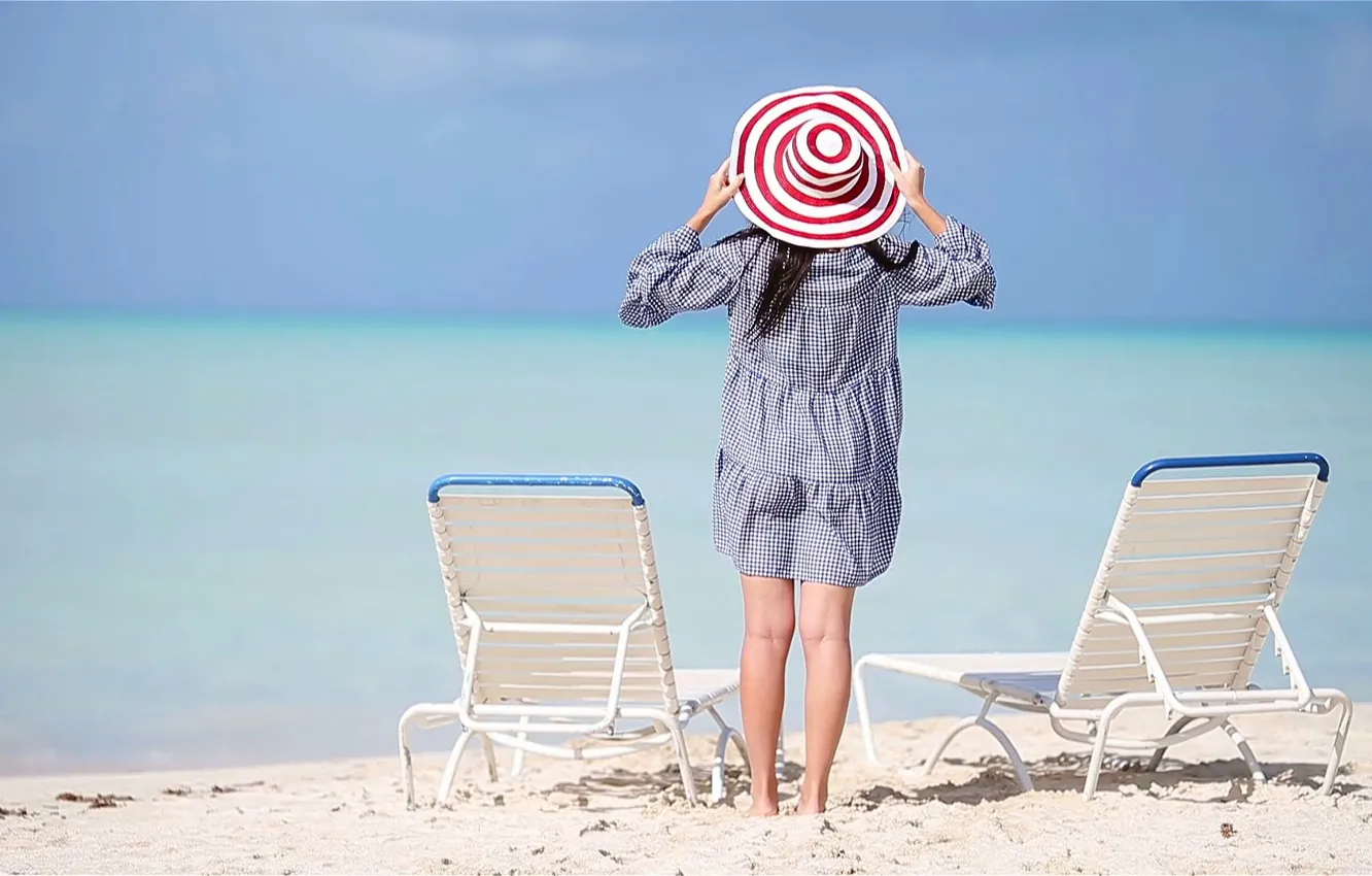 Фото обои пляж, лето, океан, девочка, шляпка