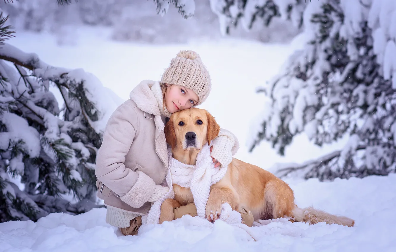 Фото обои зима, снег, деревья, природа, собака, шарф, девочка, друзья