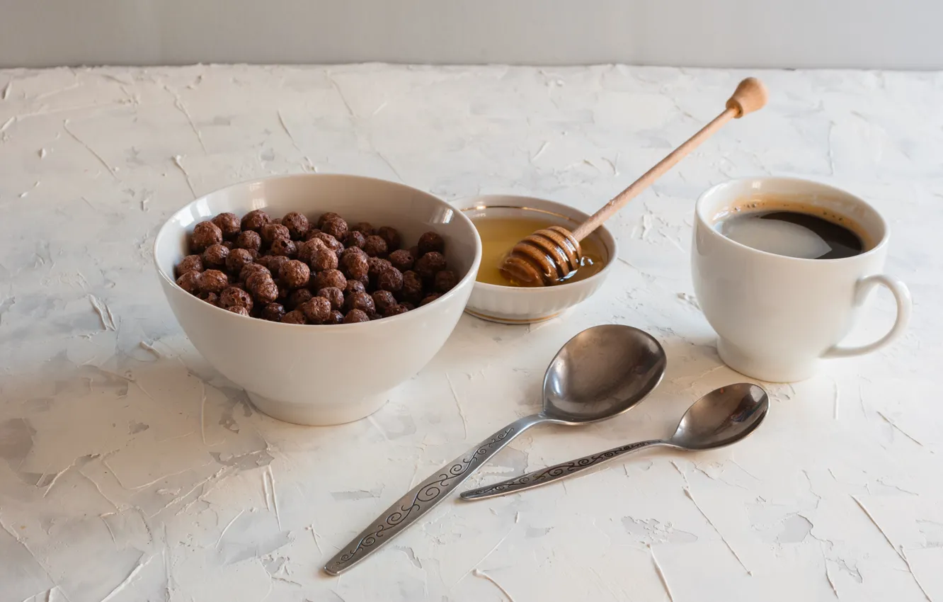 Фото обои шарики, кофе, завтрак, мед, ложки