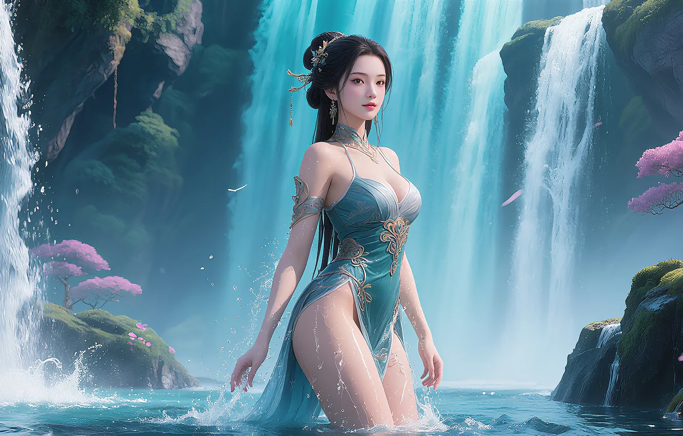 Фото обои girl, sexy, waterfall, asian, ai art