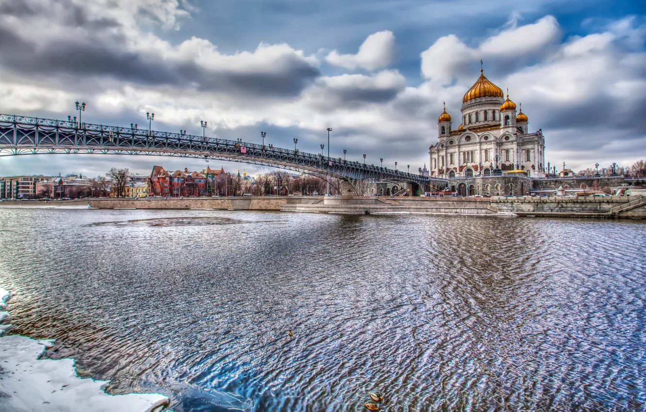 Фото обои река, HDR, Москва, Россия, Храм Христа Спасителя