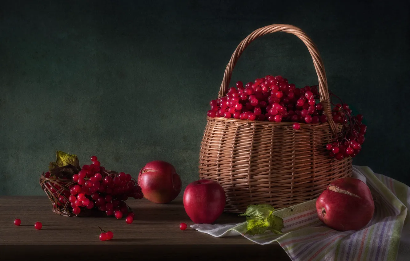 Фото обои ягоды, яблоки, корзинка, калина